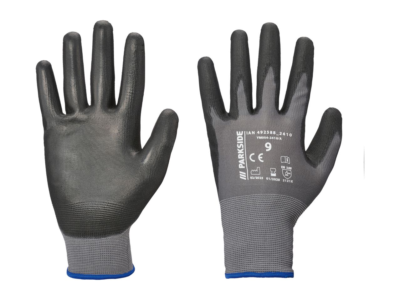 A pair of gray and black work gloves, one showing the palm and the other the back with product details.