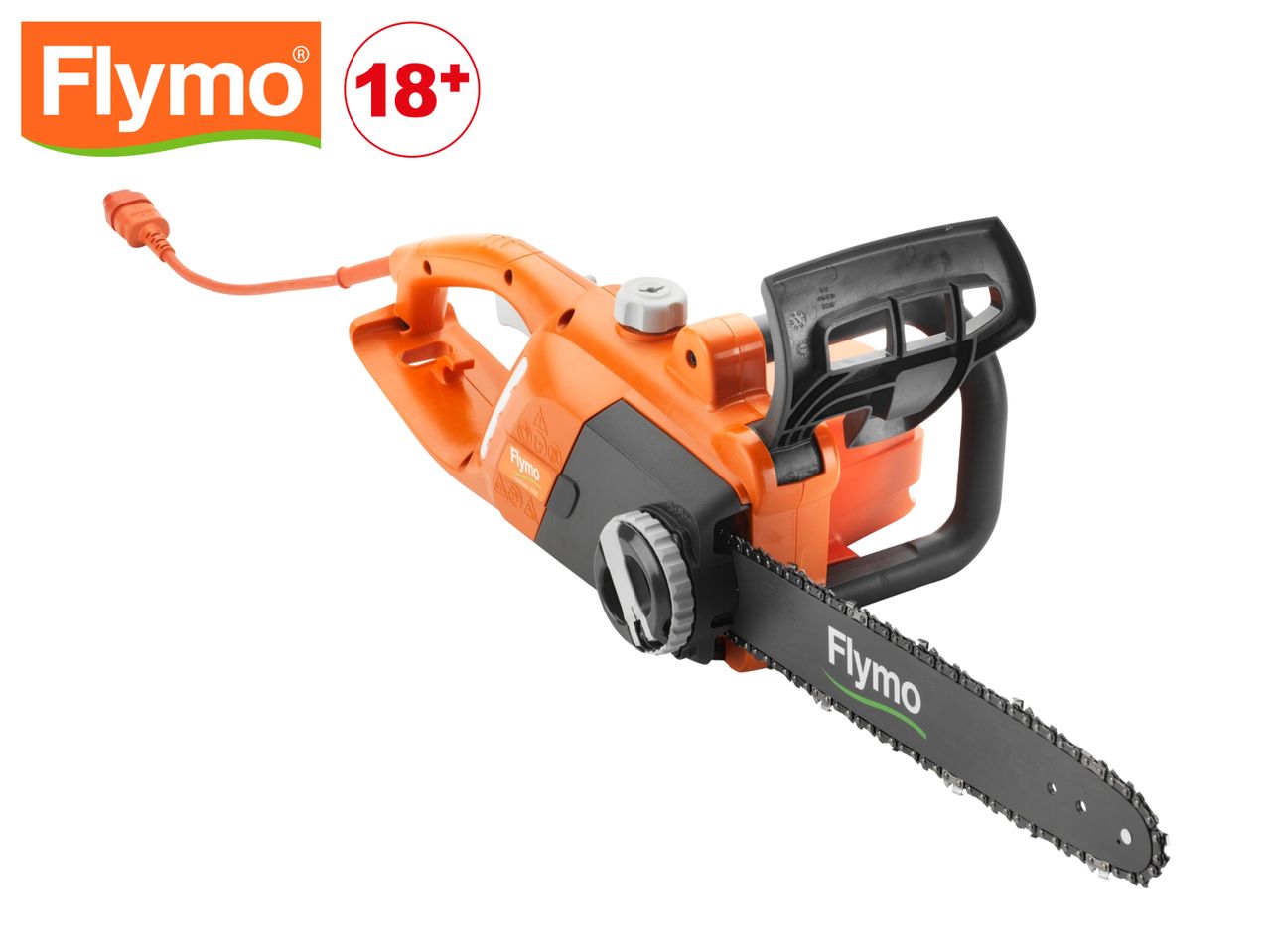 Orange electric chainsaw with a black bar and chain, with an 18+ age restriction.