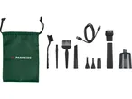 A green drawstring bag with various black cleaning brushes, nozzles, a USB cable, and a transparent dust collector.