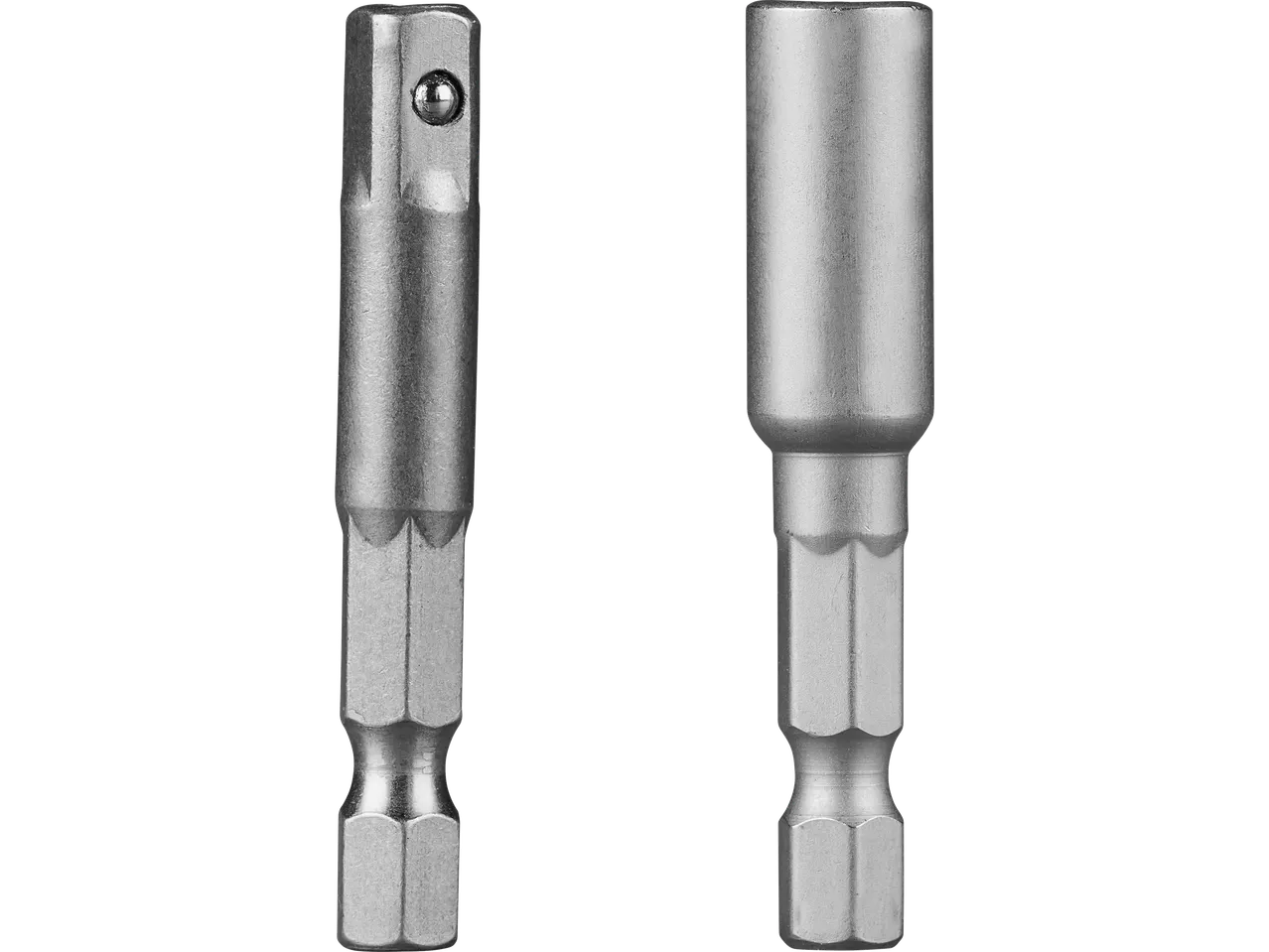 Two metal impact driver bits, one with a ball bearing, on a black background.