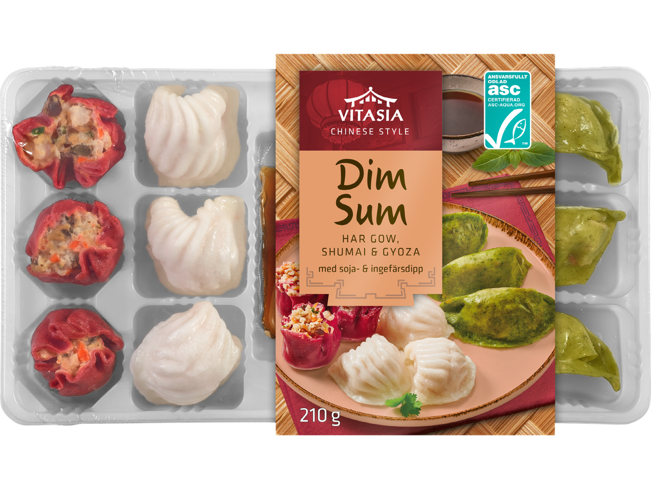 Vitasia Dim Sum: en frysförpackning med har gow, shumai och gyoza.