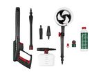 A set of pressure washer accessories including a spray gun, various nozzles, a rotating brush, a detergent bottle, and a soap dispenser.