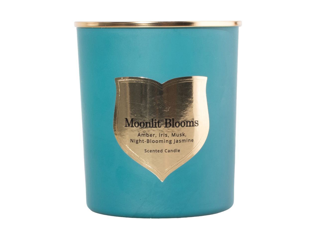 Moonlit Blooms scented candle in a teal jar with a gold label