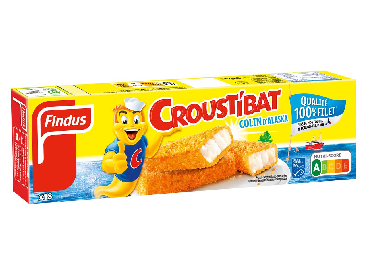 Boîte de bâtonnets de poisson surgelés Findus Croustibat.