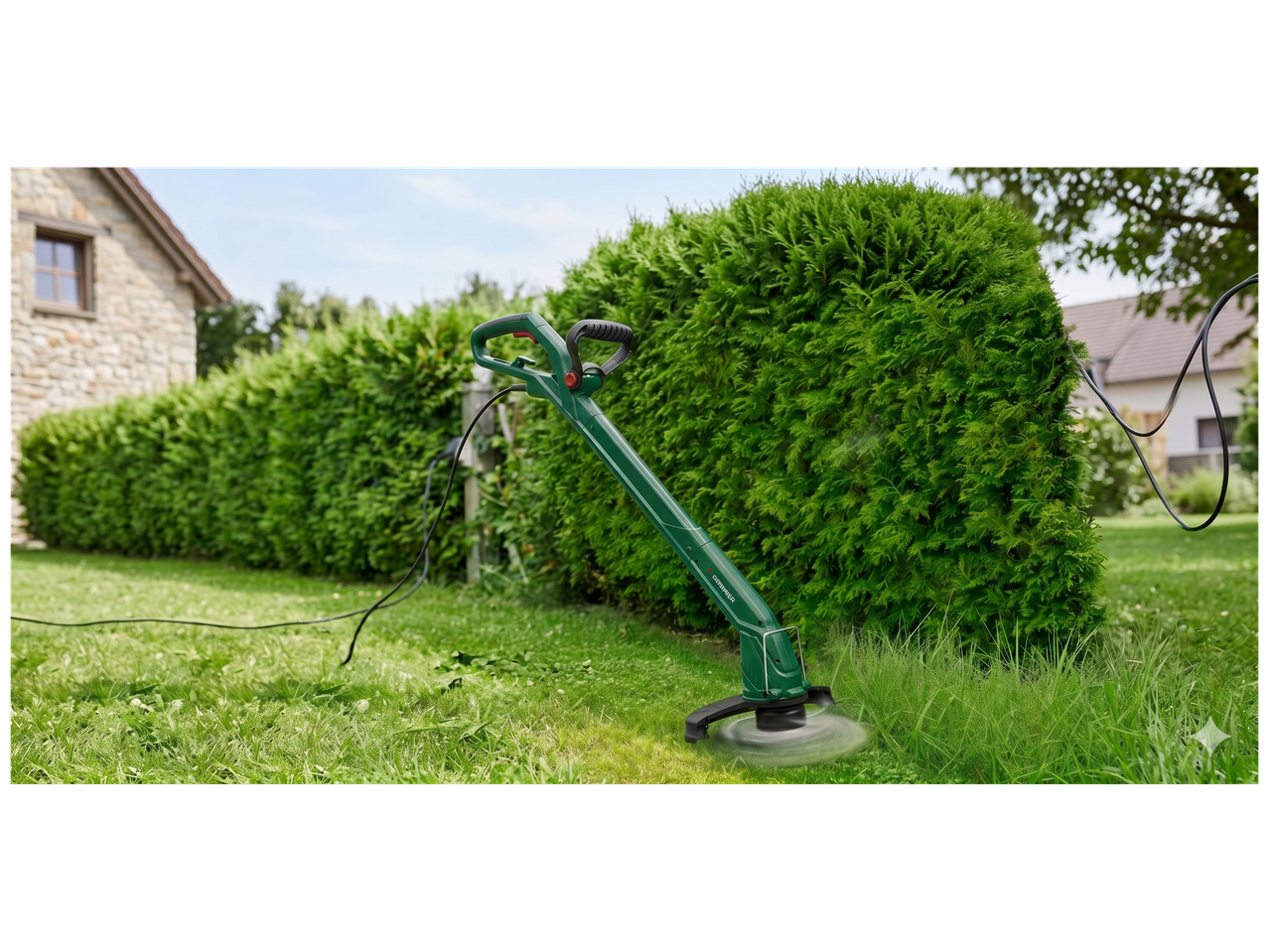 Coupe-bordures électrique vert en action, coupant l'herbe dans un jardin avec une haie.
