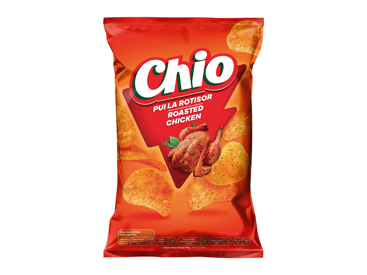 Pungă de chipsuri cu aromă de pui la rotisor, cu informații nutriționale.