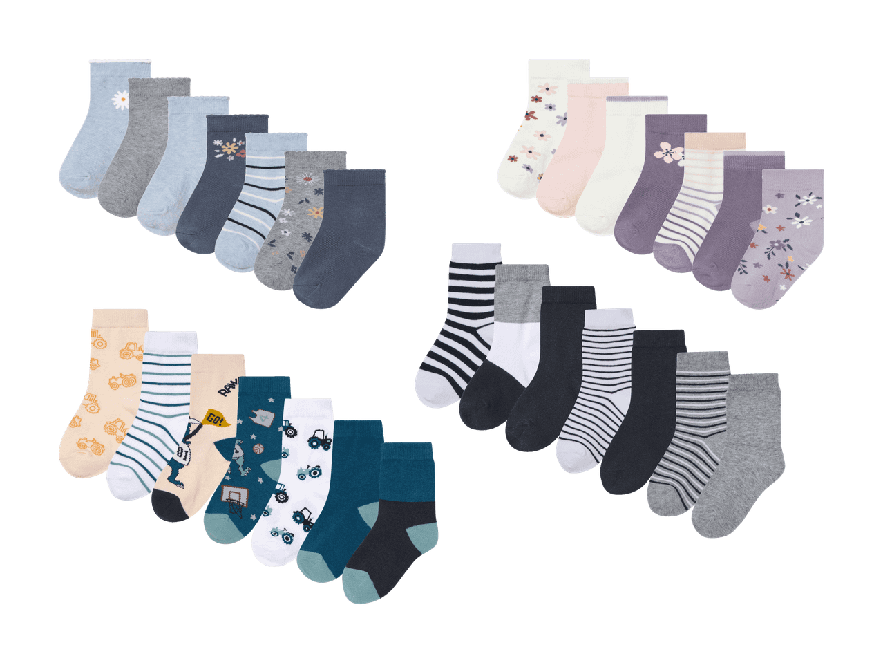Eine Auswahl an Kindersocken mit Blumen-, Streifen- und Fahrzeugmotiven.