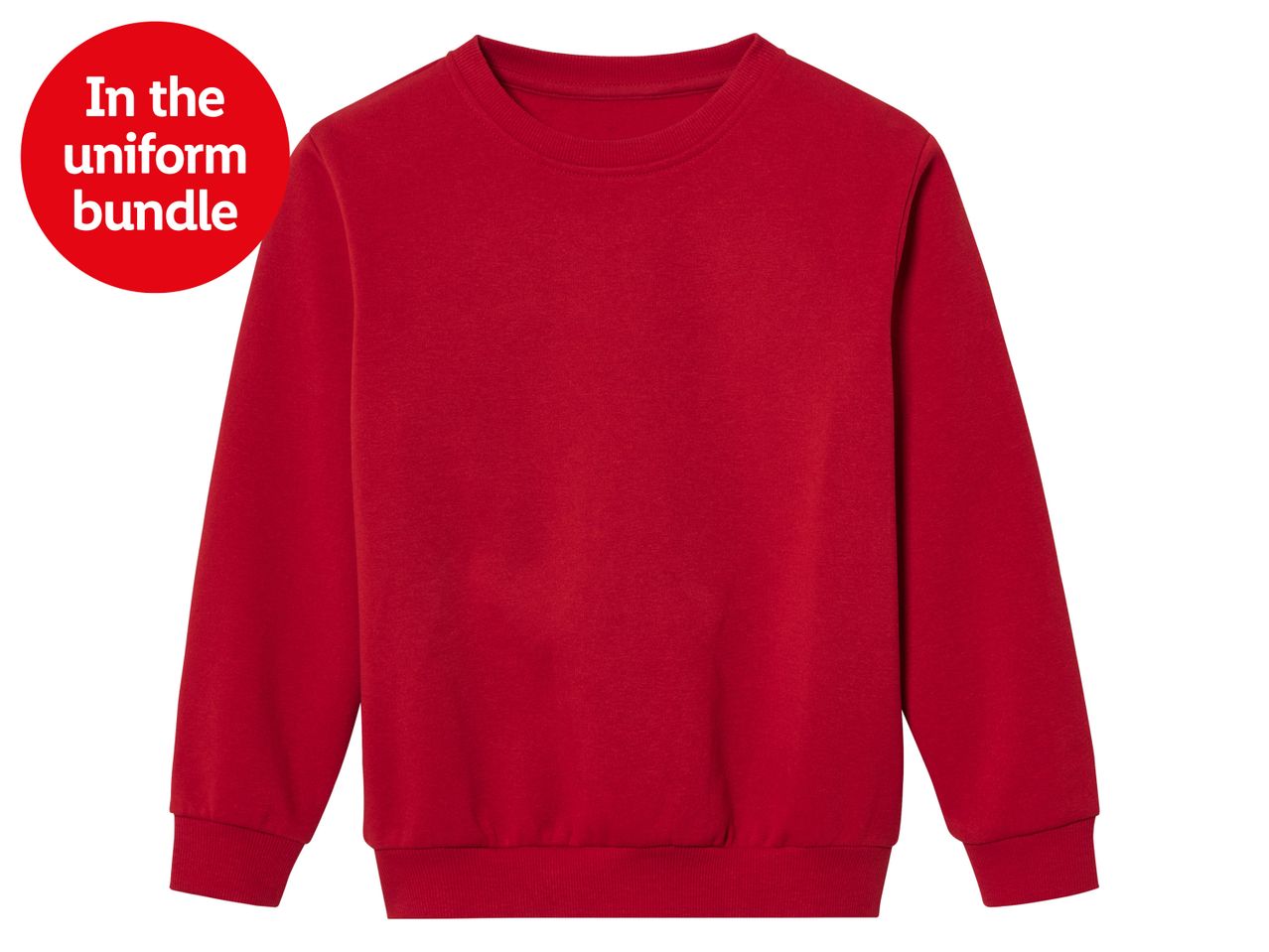 Red crewneck sweatshirt included in a uniform bundle.