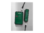 A cable tester master unit and a remote unit, both dark green and black, with RJ45, RJ11, and BNC ports, displayed on a metallic surface.