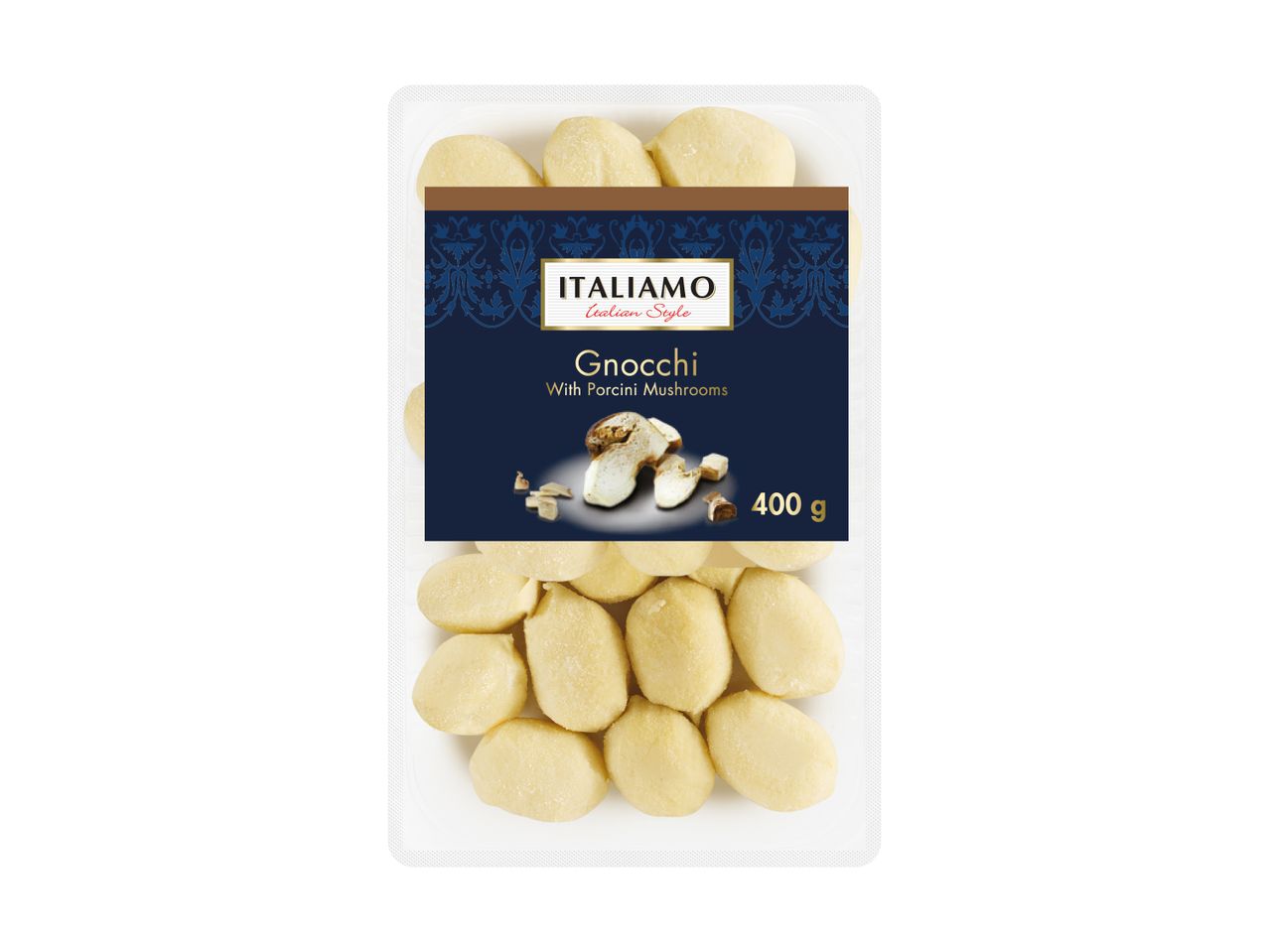 Gnocchi with Porcini Mushrooms in a clear plastic tray, 400g.