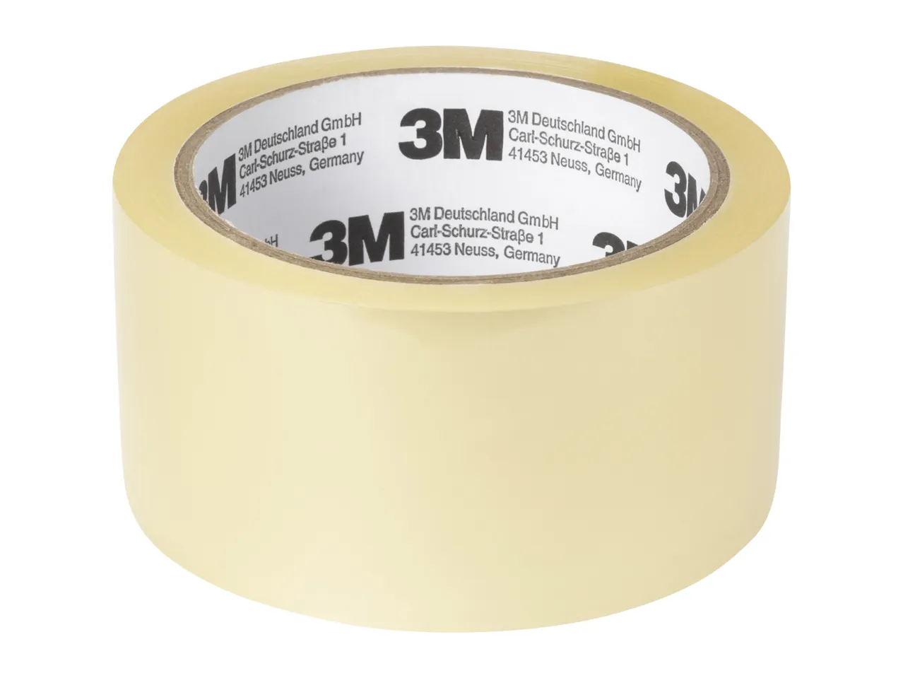 A roll of clear packing tape with company information printed on the core.