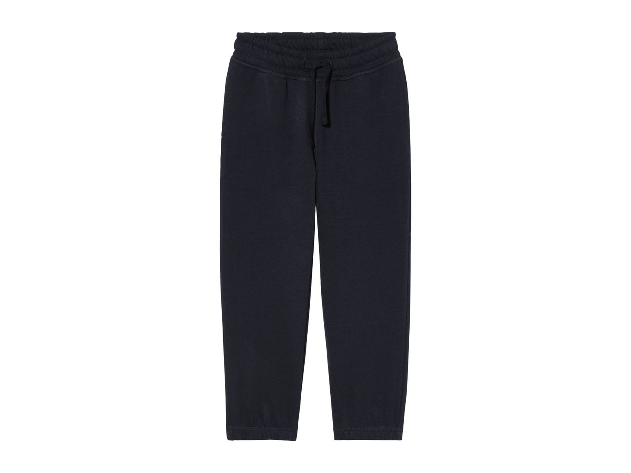 Dark blue sweatpants with elastic waistband.