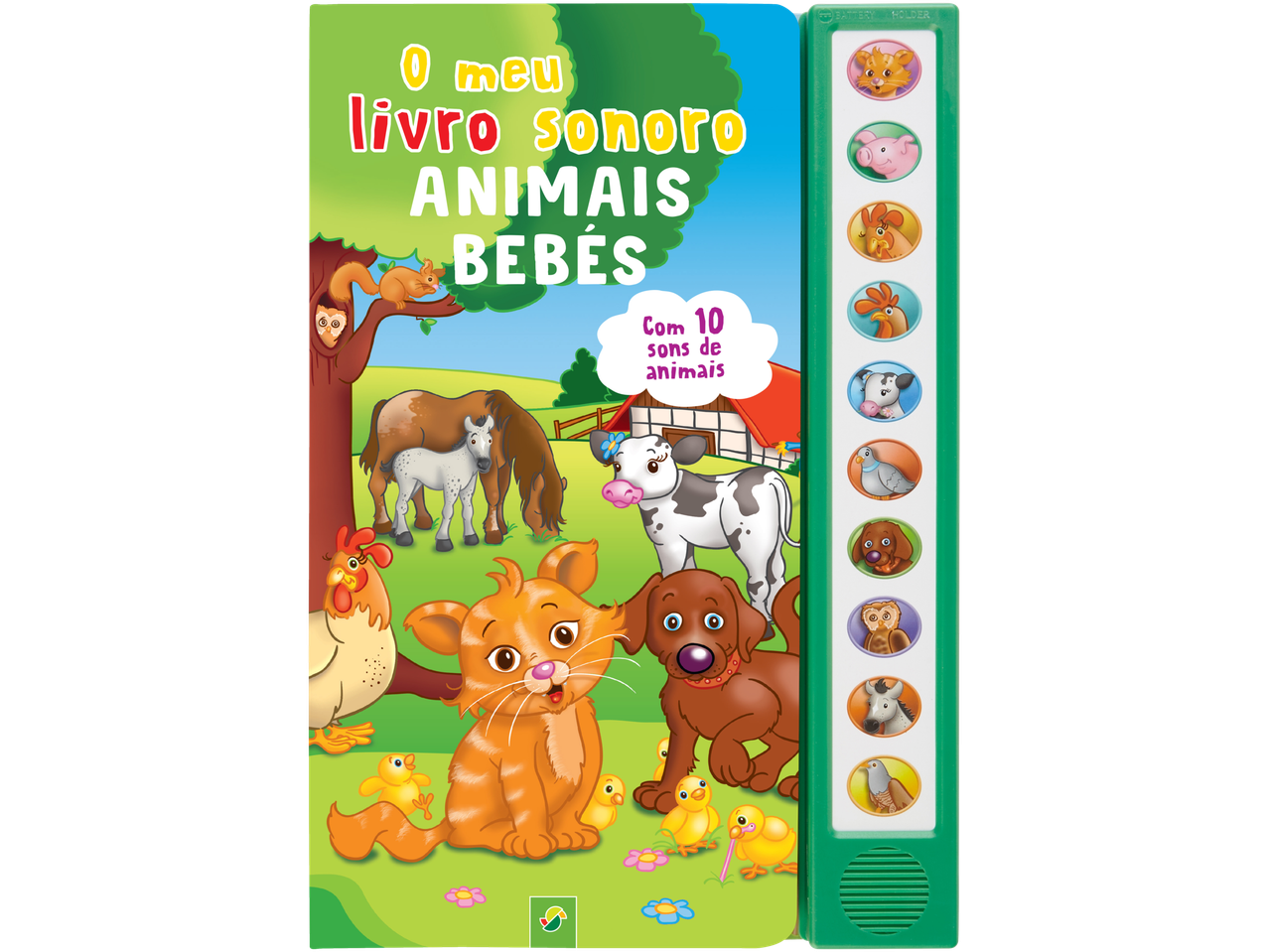 Livro sonoro 'Animais Bebés' com 10 sons de animais e ilustrações coloridas.