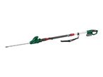 Cordless long-reach hedge trimmer with an adjustable head and shoulder strap.