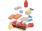 Puidust toidumänguasjade komplekt, sealhulgas kala, liha, sibul, sidrun ja ketšupipudel.