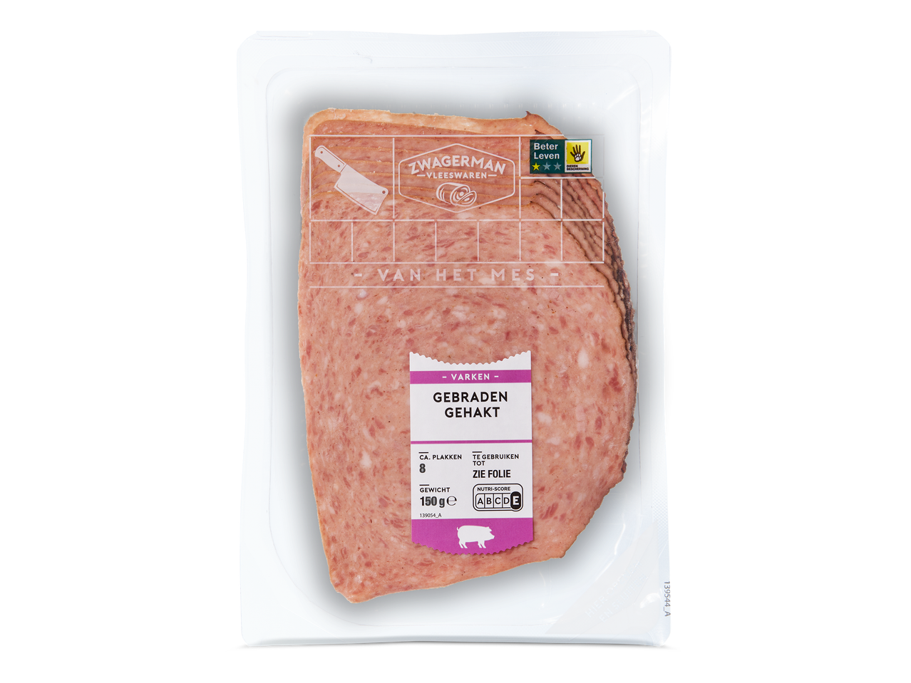 Verpakking gebraden gehakt van varkensvlees, 150 gram.