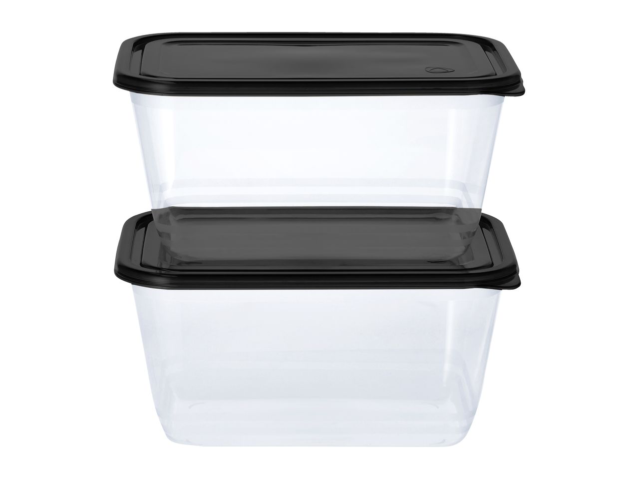 Two clear rectangular food storage containers with black lids, stacked on a white background.