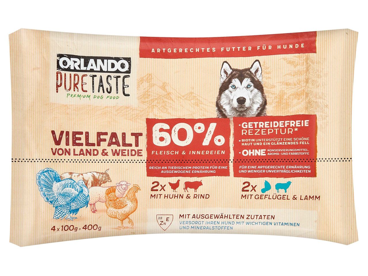 Orlando PureTaste: prémium minőségű kutyaeledel, 60% hús, csirke és marha, gabona nélkül.
