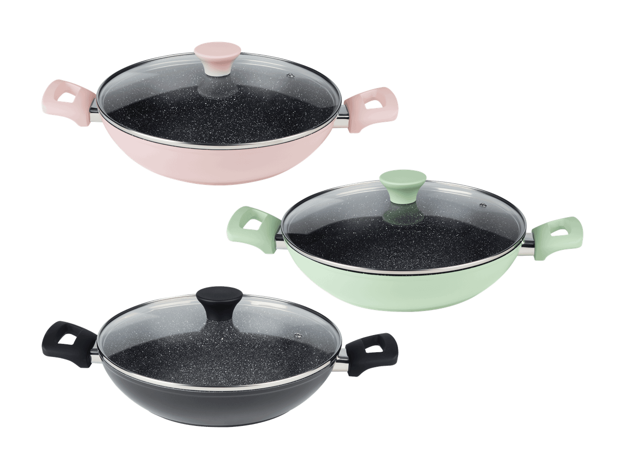 Drei Pfannen mit Glasdeckeln, eine rosa, eine mintgrün und eine schwarz.