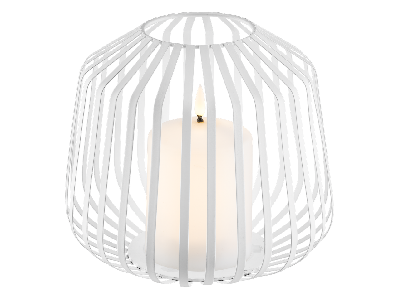 Lanterne décorative blanche avec une bougie allumée à l'intérieur sur fond noir.