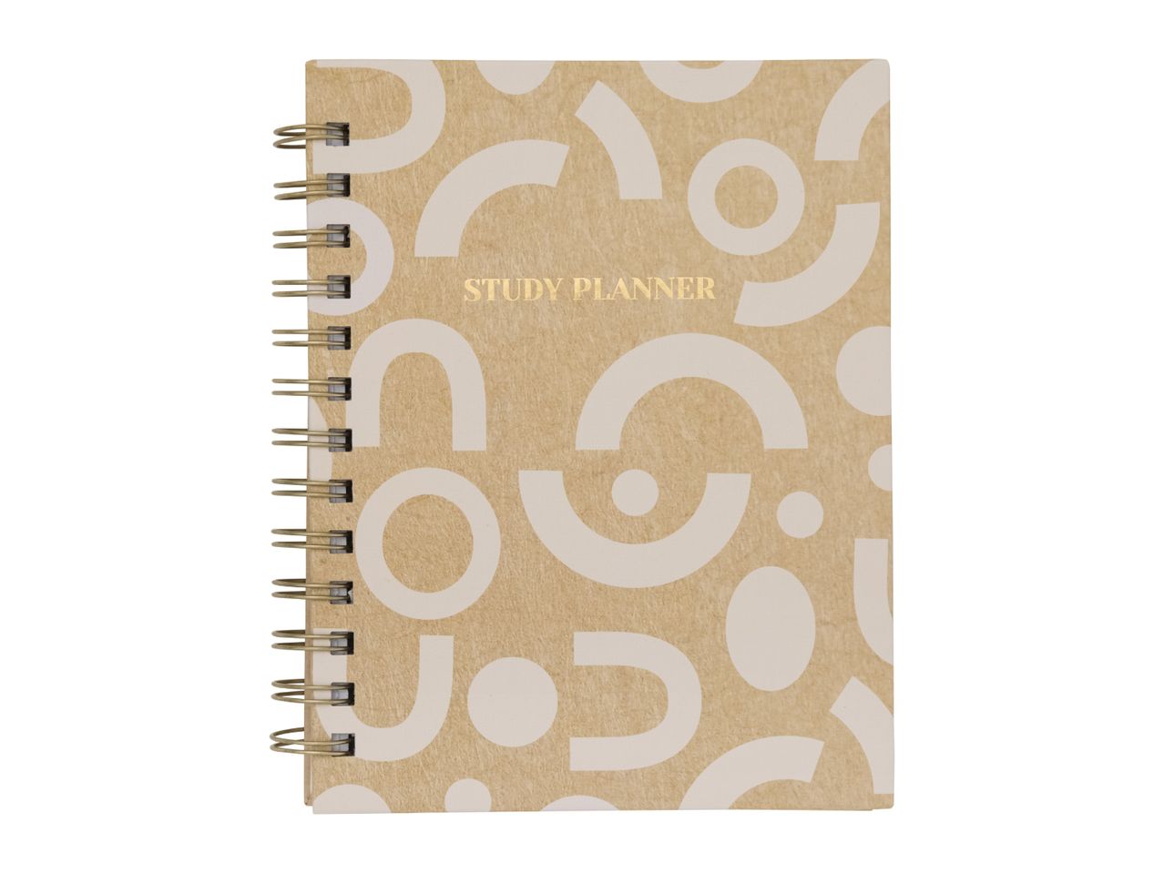 A spiral-bound study planner with a light brown cover featuring abstract white shapes and gold text.
