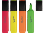 Vier markeerstiften in verschillende kleuren: rood, geel, oranje en groen, met de groene dop eraf.