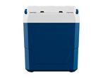 Blue and white portable cooler with car and house icons on the lid