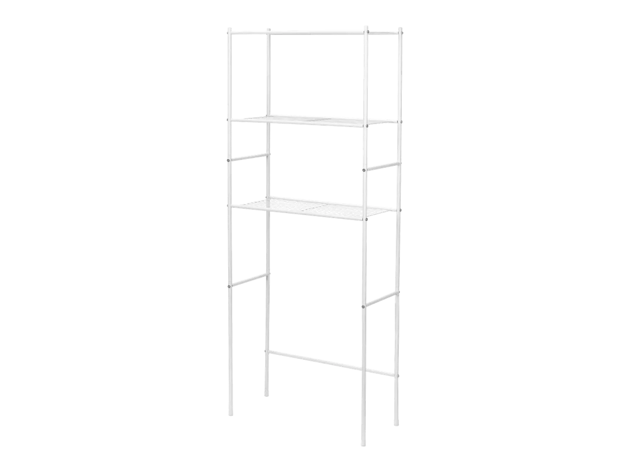 Valkoinen metallinen hyllykkö, jossa on kolme hyllyä ja avoin pohja.