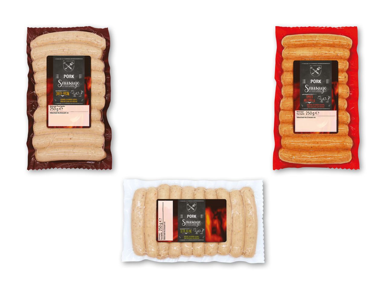 Tre pakker svinepølser: ost-bacon, tomat-mozzarella og feta-oliven, 250g hver.