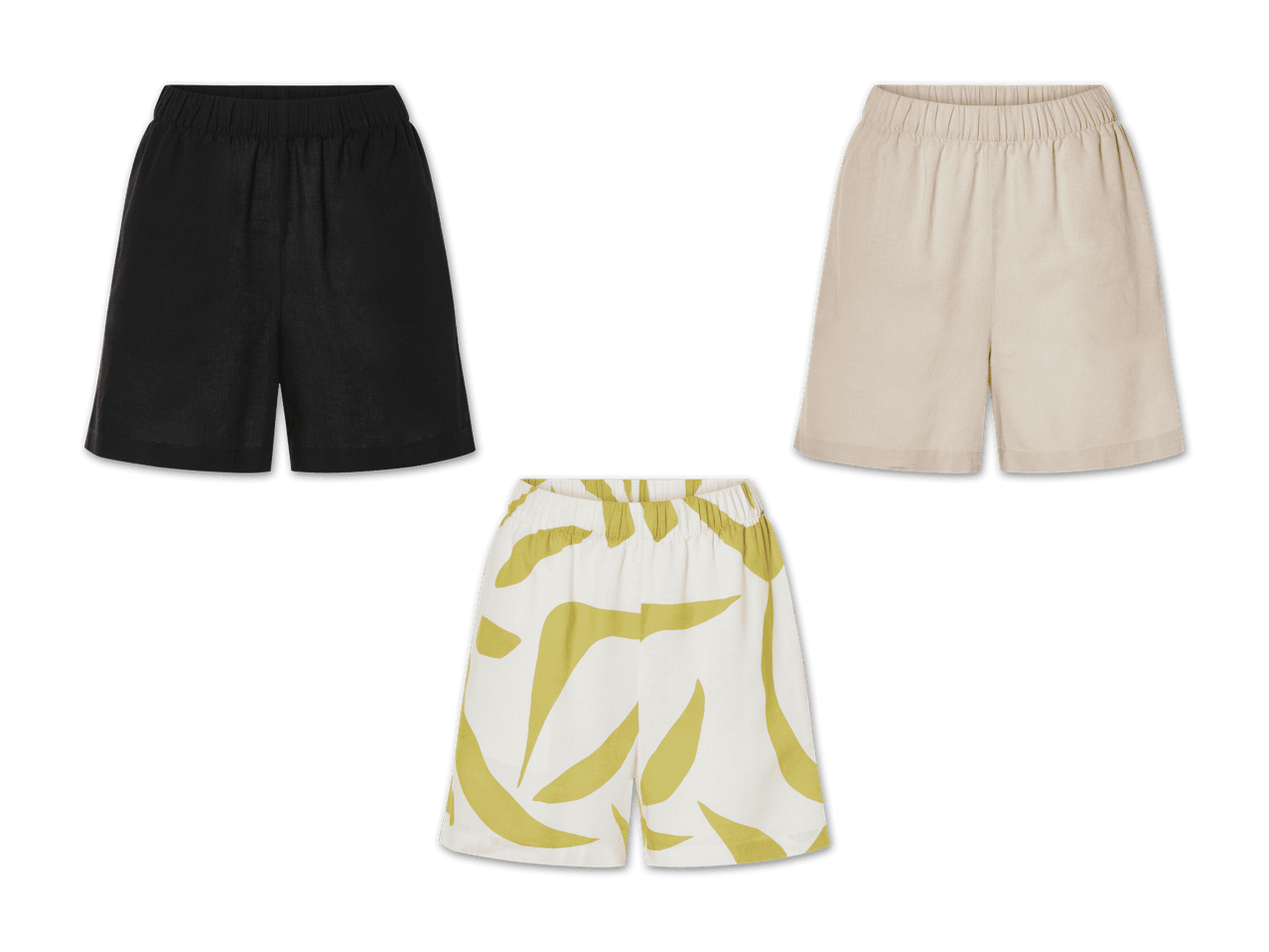 Drei Shorts in Schwarz, Beige und einem gelben Muster.