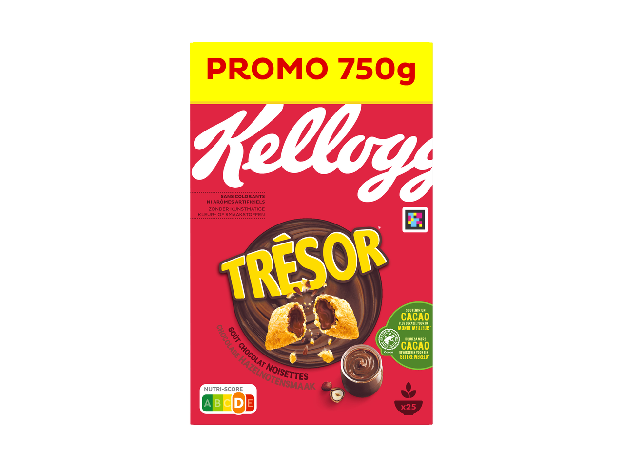 Boîte de céréales au chocolat et noisettes, avec la mention 'PROMO 750g' et Nutri-Score D.