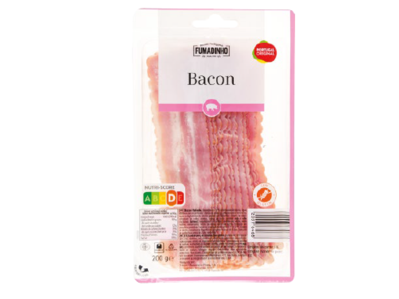 Embalagem de bacon fatiado com rótulo rosa e informações nutricionais.