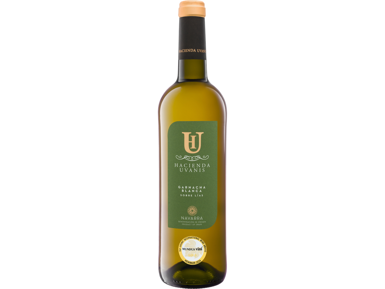 Hacienda Uvanis Garnacha Blanca sobre Lías wine bottle with a gold medal.