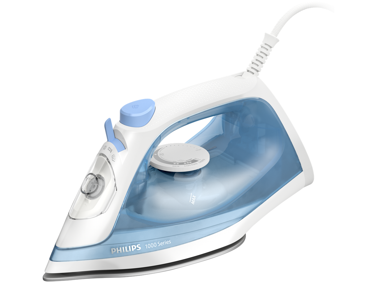 A Philips 1000 Series iron with a light blue water tank and white body.