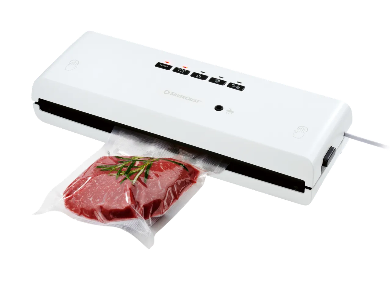 SILVERCREST® Vacuum Sealer with a vacuum-sealed steak and rosemary.