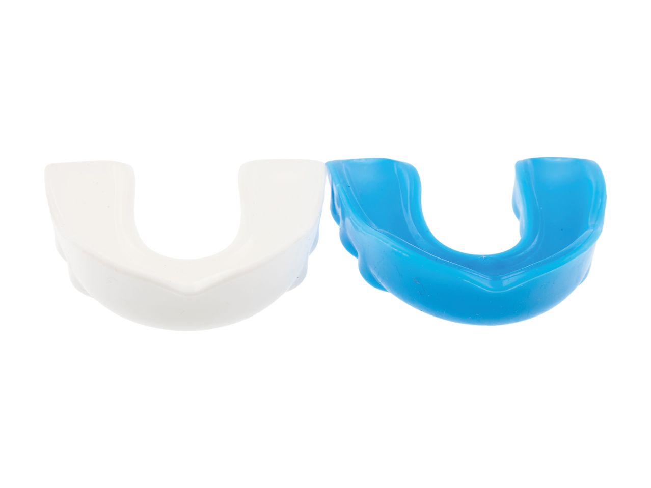 Two mouthguards, one white and one blue, for sports protection.
