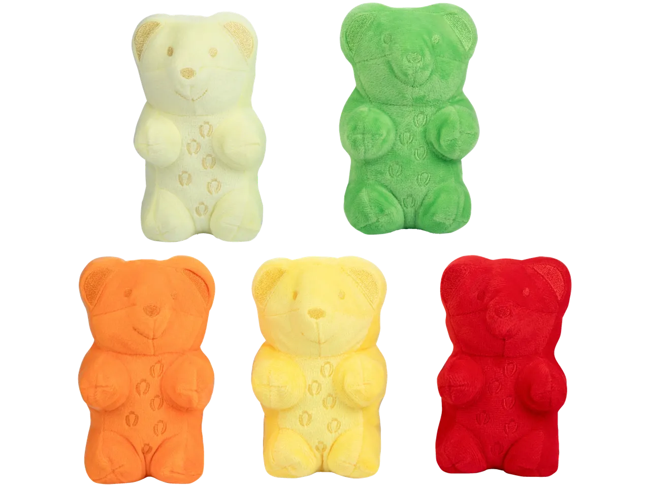 Vijf pluche gummibeertjes in geel, groen, oranje, citroen en rood.