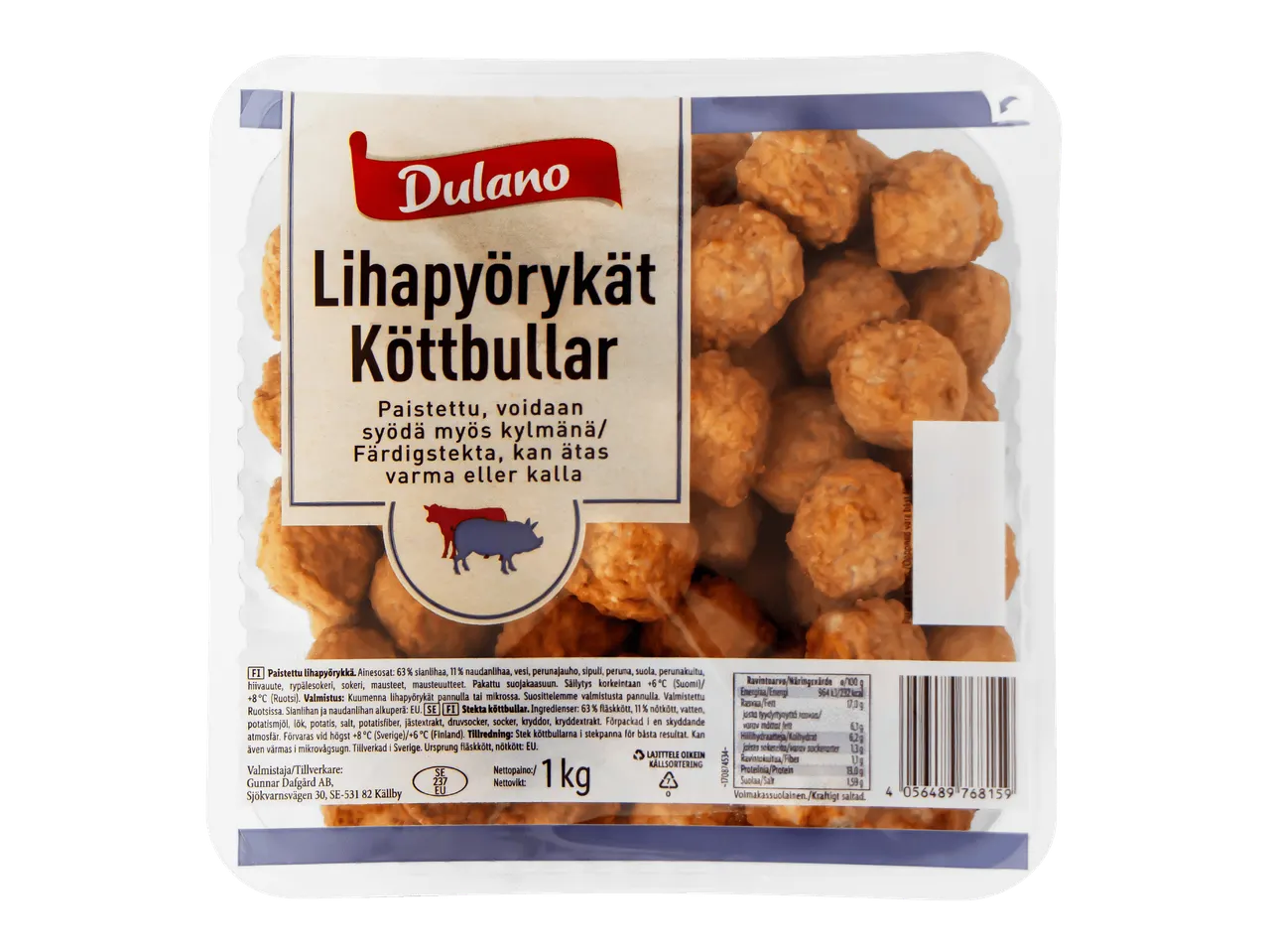 Yhden kilon pakkaus valmiiksi paistettuja lihapyöryköitä.