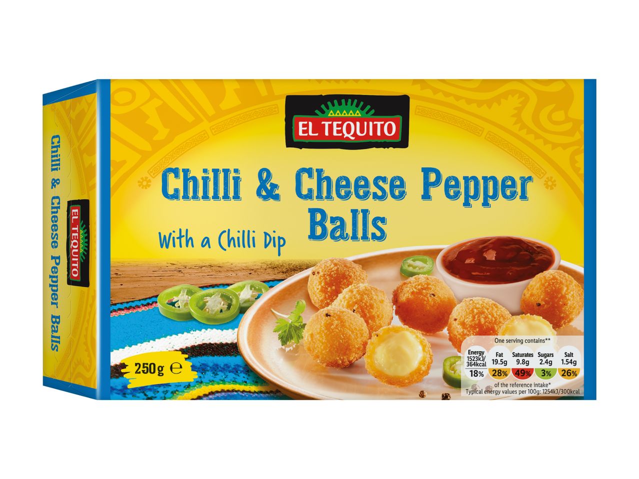 Chilli & Cheese Pepper Balls with a Chilli Dip, 250g, showing nutritional information.