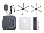 Robot vacuum cleaner accessories: charging cable, two side brushes, dustbin, filter, remote control, and two batteries.