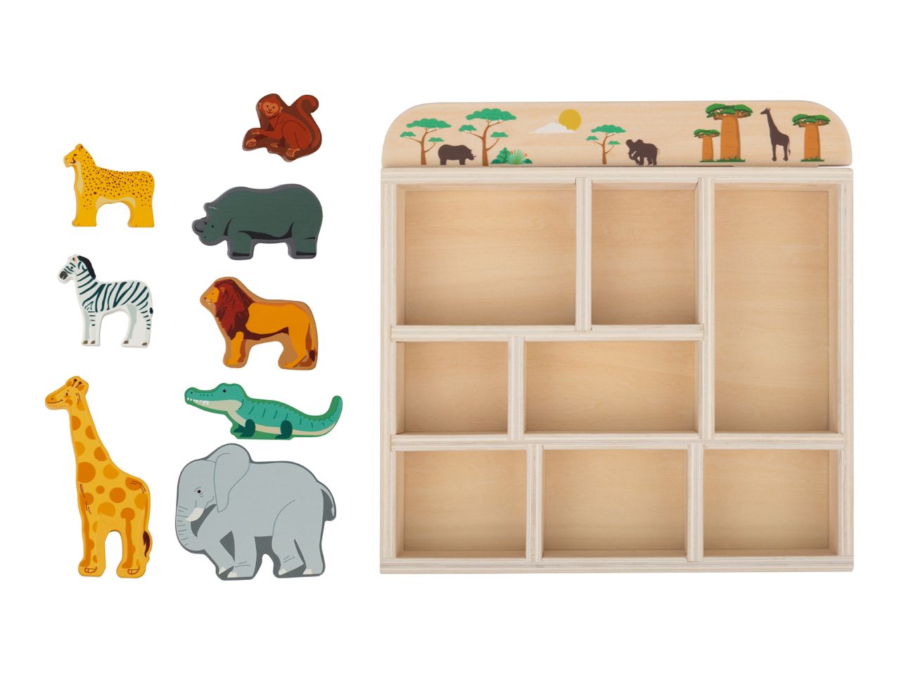 Wooden safari animal figures and a matching display shelf