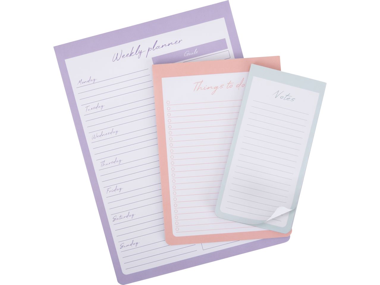Pastel-colored notepad sets for planning or note-taking.