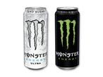 To energidrikke, en hvid med 'ZERO SUGAR' og en sort med 'TAURINE + GINSENG'.