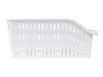 A white plastic storage basket with ventilation holes.