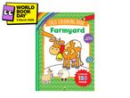 A 'First Colouring Book: Farmyard' with a cow, goat, and sheep, for ages 3 and over, containing 128 pages, next to a 'World Book Day, 5 March 2026' logo.