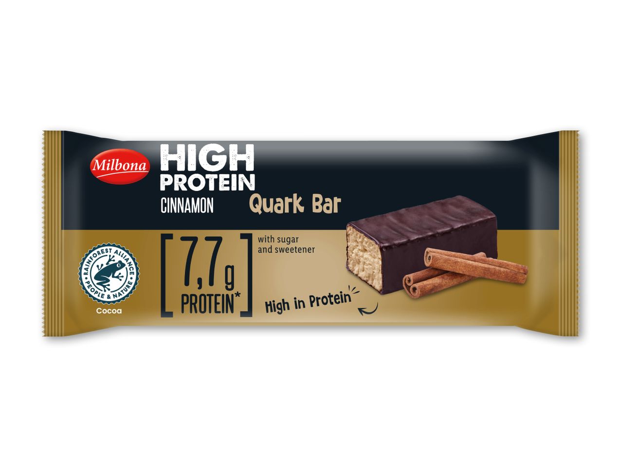 Højprotein kanel kvarkbar med 7,7g protein, sukker og sødemiddel.