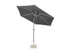 Dark grey rectangular patio umbrella with LED lights and a square base.