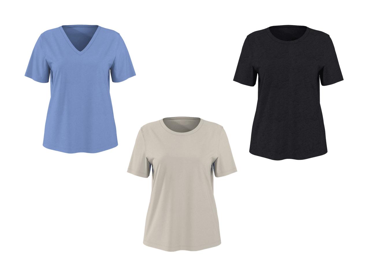 Drei kurzärmelige T-Shirts: ein hellblaues mit V-Ausschnitt, ein beiges und ein dunkelgraues mit Rundhalsausschnitt.