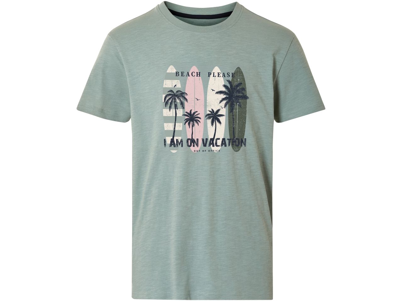 Sage green short-sleeved t-shirt with a beach-themed graphic print.