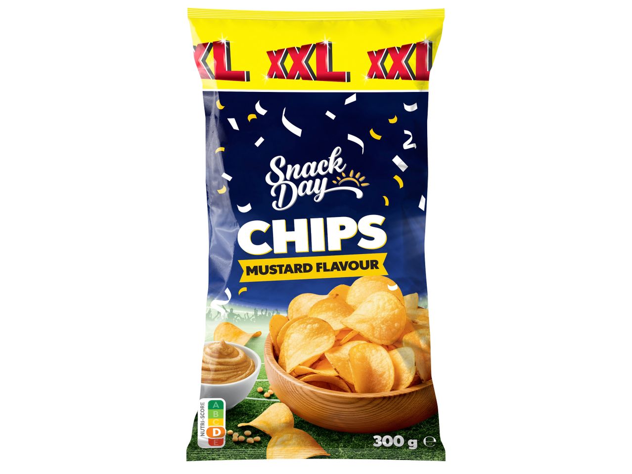 Пакет чипс с вкус на горчица, с надпис 'XL XXL' и 'Snack Day Chips'.
